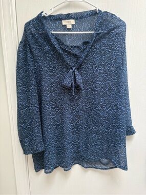 LOFT Navy and Light Blue Tie-Neck Patterned Blouse